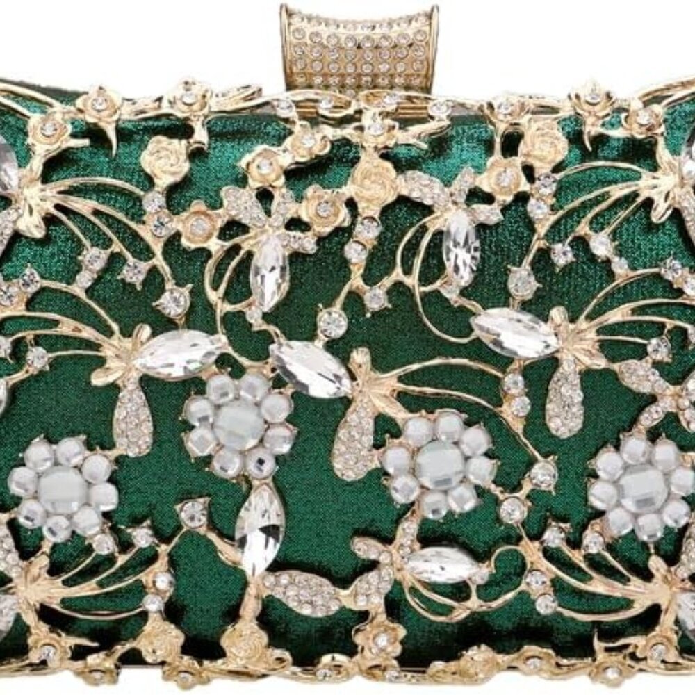 Women Evening Clutch Handbag Rhinestone Floral Elegant Crossbody Party